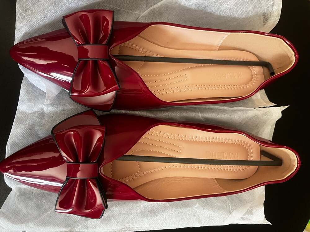 WAMBHC Red Patent Leather Pointed Toe Bow Ballet Flats
